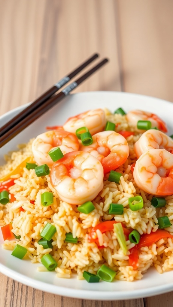 A plate of shrimp fried rice with shrimp, vegetables, and green onions, served with chopsticks.